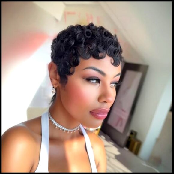 Short Layered Pixie Cut Human Hair Wig With Bangs Curly Glueless main image 6